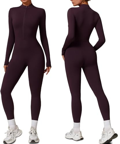 Jumpsuit for Women Ribbed Long Sleeve Jumpsuits Seamless Yoga Unitards Zip Up Ladies Romper All In One Jumpsuit Playsuit