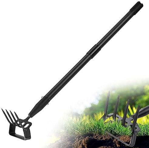 Gartenhacke, 124cm 2-in-1 Steigbügelhacke Gartenwerkzeuge mit 4-Zahn Spike, Hula Hacke mit verstellbarem Langem Griff für Unkraut, Lockerung Boden