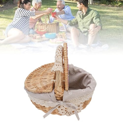 Canasta de Picnic, Pequeña Cesta de Mimbre con Tapa de Mango Plegable y Revestimiento Extraíble | Lindo Juguete de Cesta de Picnic Vacío para Niños, Halloween, Navidad, San