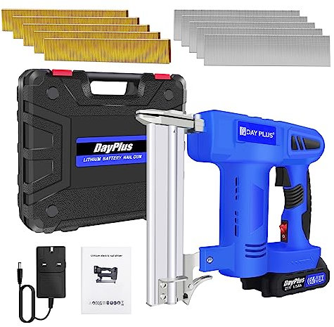 21V Cordless Nail Gun with 500x 19MM Straight Nail & 500x 10MM Code Nail, 2-in-1 Contact Actuated Mode Electric Staple Gun with 1.5Ah Battery & Charger, Brad Nailer for DIY Home Upholstery