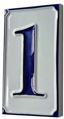 Numéro de maison italien en céramique peinte à la main en bleu et blanc 11 x 7 cm (numéro 1)