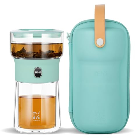 ZENS Tetera de cristal con filtro, mágico con un solo toque drain tetera para té en, tetera infusiones con taza de doble pared y azul claro estuche portátil para los amantes del té