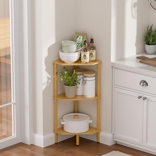 3 Tier Corner Shelf Stand, Bamboo Corner Bookshelf, Corner Bookcase with Open Shelves, Display Shelf , Shower Caddy, Plant Stand Balcony, Storage Organizer Shelves for Bathroom, Kitchen, Bedroom