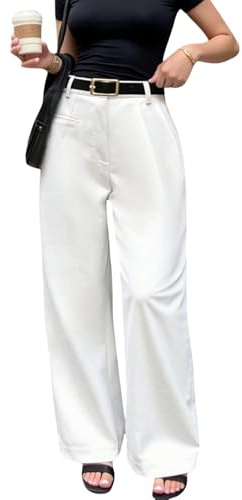 SweatyRocks Anzughose Damen Elegant Wide Leg Hose Bundfaltenhose High Waist Stoffhose Damenhose Weites Bein Business Outfit Old Money Style Weiß M