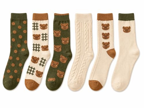 Lot de 6 paires de chaussettes douillettes pour femme - Chaussettes mignonnes en coton Kawaii - Chaussettes à volants - Vintage Crew - Chaussettes pour femme - Élasticité chaude - Chaussettes