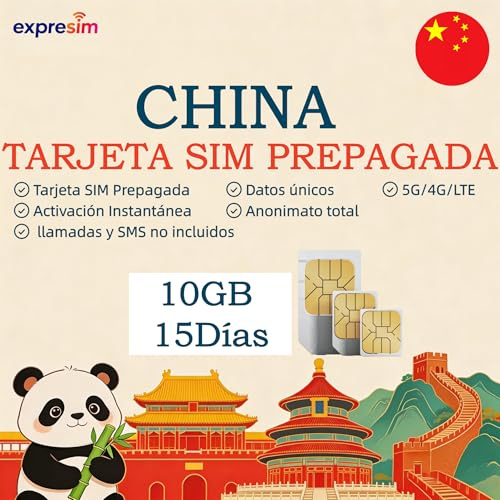 Tarjeta SIM Prepago China para Viajes | Plan sin Compromiso ni Registro | Tarjeta Móvil 5G 4G | SIM de Datos Única | Llamadas y SMS No Incluidos | Cobertura en China Continental | 10 GB por 15 Días