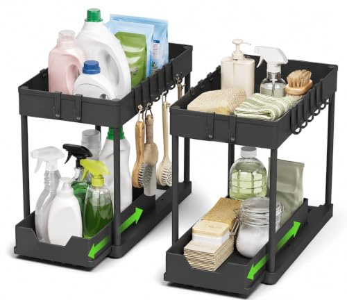 Lot de 2 Rangements Cuisine Sous Évier - Tiroir Coulissant – Organisateur | Entreprise Française - Rangement Cuisine & Salle de Bain - Gain de Place, 8 Crochets Inclus