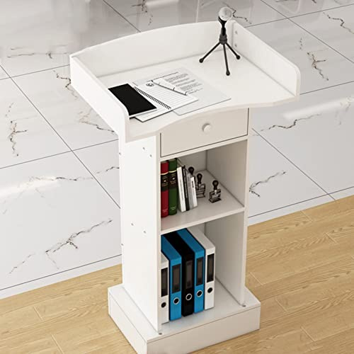 Podio regolabile con 2 vani portaoggetti, design elegante per aule, chiese e presentazioni, finitura bianca per insegnanti e relatori