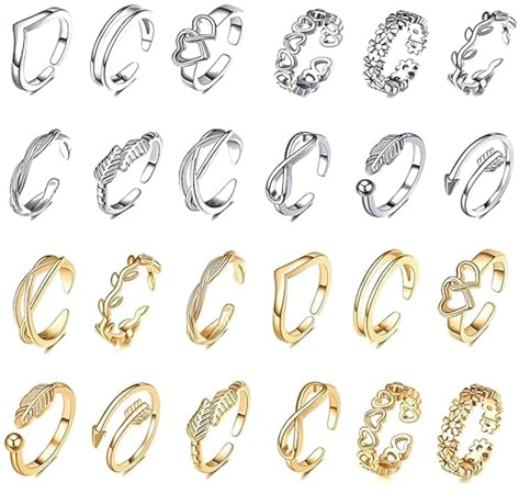 Wvbzf 24PCS Toe Rings for Women, Minimalist Ladies Open Adjustable Silver Toe Rings for Women, Toe Ring Foot Jewelry Set for Summer Beach and Casual Wear