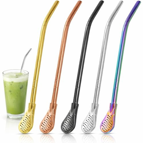 Soiftra 5PCS 18 cm Bombilla Mit Löffel Edelstahl Strohhalm Für Mate Tee Set Trinkhalme Edelstahl Für Yerba Mate