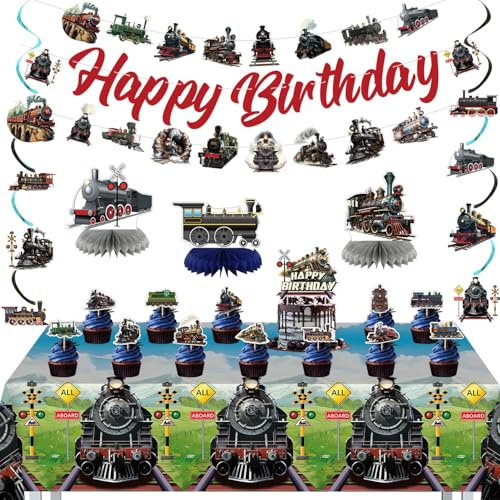 Tren de vapor Decoraciones de cumpleaños Retro Tren Fiesta Decoraciones Incluidas Happy Birthday Banner Cake Topper Mantel Colgante Manta Remolino para Locomotora Fiesta Suministros
