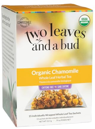 Two Leaves and a Bud Organic Chamomile Herbal Tea Bags, Naturally Caffeine Free, Whole Leaf Chamomile Tea in Compostable Sachets, 15 Count (Pack of 1)