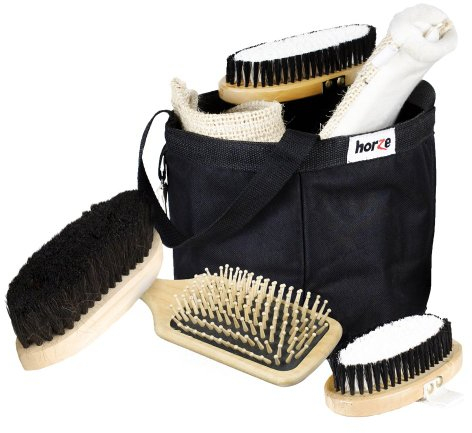 HORZE Putzset aus Holz 6-teilig, Putzzeug für Pferde, Putztasche und Bürstenset, Schwarz,