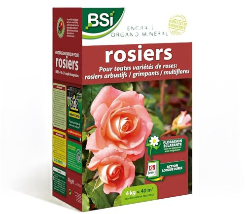 BSI - Engrais - Rosiers - Bio - Organo-Minéral - Pour Toutes les Sortes De Rosiers - Floraison Éclatante - Action Longue Durée - 4kg - Jusqu'à 40 m² - UAB