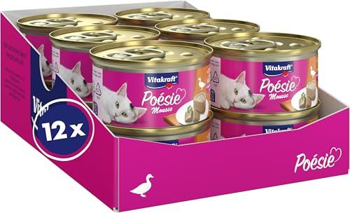 Vitakraft Poésie Mousse, kattmat våt med anka kött, för vuxna katter, i förvaringsstorlek, utan tillsats av socker (12 x 85 g)