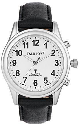 TalkJoy Herren Sprechende Uhr Funkuhr Lederarmband Silber Blindenuhr Leder Armbanduhr