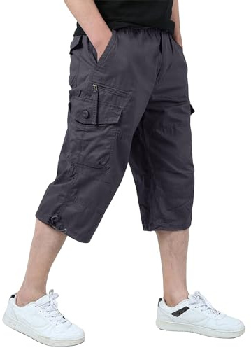 KEFITEVD 3/4 Hose Herren Cargo Shorts Männer Bermuda Shorts Multi Taschen Sommer Kurze Hose Baumwolle Arbeitshose Gummibund Lässig