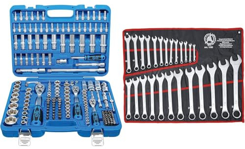 BGS 2292 | Steckschlüssel-Satz Wellenprofil | 192-tlg | Antrieb 6,3 mm / 10 mm / 12,5 mm & Kraftmann 1198 | Maul-Ringschlüssel-Satz | 25-tlg | SW 6 - 32 mm, inkl Tetron-Rolltasche, Gabelringschlüssel
