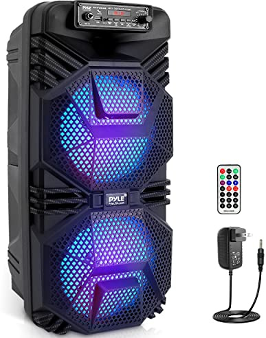 Pyle Bluetooth PA Speaker System - 600W Rechargeable Outdoor Bluetooth Speaker Portable PA System w/ Dual 8” Subwoofer 1” Tweeter, Microphone In, Party Lights, USB, Radio, Remote - Pyle PPHP2836B