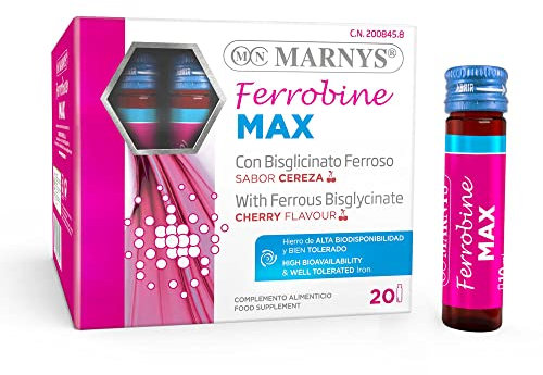 Marnys Ferrobine Max - Hierro, Zinc Y Vitaminas - Fortalecer el Cuerpo, Aliviando Cansancio y Fatiga - Para 1 Mes - 20 Viales Monodosis Con Sabor Cereza