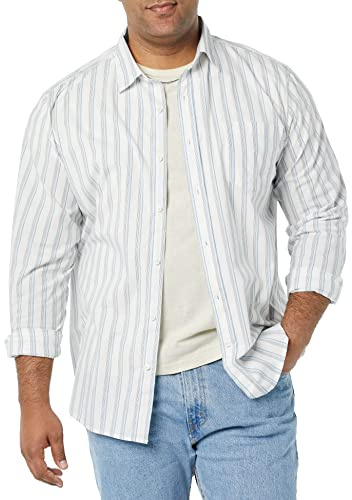 Amazon Essentials Men's Long-Sleeve Regular-Fit Stretch Poplin Shirt Shirt, -White/Multicolor, Stripe, Large
