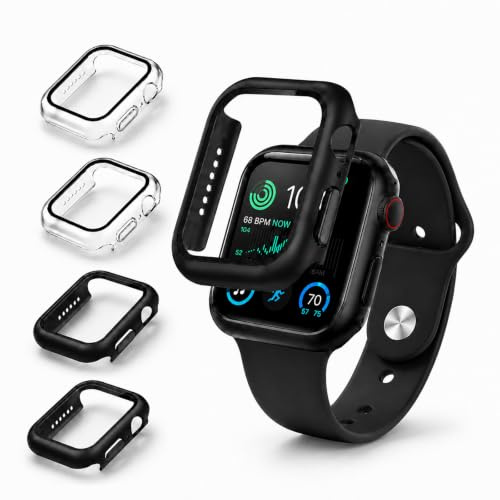 OU-BAND Schutzhülle für Apple Watch 45mm, 4 Stück, Series 9/8/7 | Apple Watch Hülle aus Hard-PC; Glas-Displayschutz; Kratzschutz; Touch; Spritzwasser im Alltag; 2 Schwarz, 2 Transparent