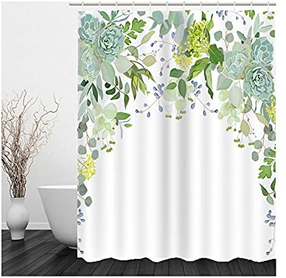 Banemi Groß Duschvorhang, Badezimmer Vorhang Grün Weiß Grau Blumen Und Reben Polyestergewebe 165X200cm für Eck Dusche mit 12 Duschvorhangringen