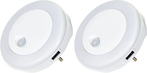 Northpoint LED Nachtlicht für die Steckdose Bewegungsmelder 2x seitlicher USB Ladeanschluss Warmweißes Buntes Licht (2 Stück)