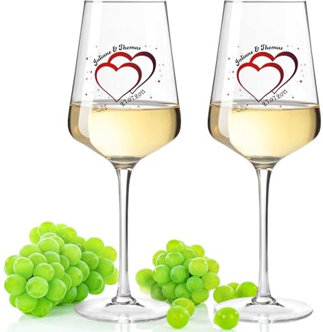 GRAVURZEILE Leonardo Weingläser mit UV-Druck - Für die Hochzeit - Personalisiert mit Namen & Datum - Geschenk zur Hochzeit mit Herz Motiv - Geschenke für Sie & Ihn - Farbe: Puccini UV
