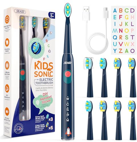 Seago Kids Electric Toothbrush 3 5 6 8 9 10 12, Childrens Rechargeable Battery Toothbrushes with Funny DIY Stickers, 2 Mins Timer, 8 Replacement Brush Heads, for Boys Girls Teenagers, SG2303(Blue)