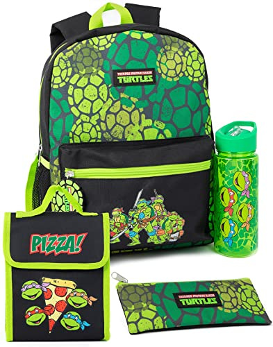 TEENAGE MUTANT NINJA Turtles 4 Piece Backpack Set | Guerreros animados Mochila verde Pizza Bolsa de almuerzo Estuche de lápices Botella de agua | TMNT Regalos de mochila de regreso a clases