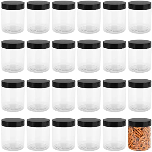MUKLEI 24 PCS 250ml Plastic Jars with Black Lid, Round Plastic Jam Jars, Clear Plastic Food Storage Jars for Dry Food, Spices, Sweets, Crafts
