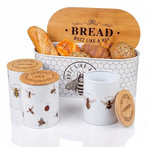 Bread Bin & Tea Coffee Sugar Canisters Set With Airtight Lids (Bees) | Premium Bread Bin & Tea Coffee Sugar Canisters Set With Airtight Lids For Keeping Kitchen Essentials Fresh & Organised