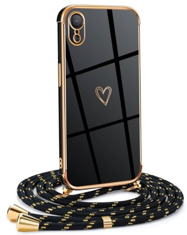 Mkej Frauen Mädchen Handykette Kompatibel mit iPhone XR - Silikon Hülle mit Band - Handyhülle für iPhone XR Herz Love Design Galvanik - Hülle mit Kordel in schwarzes Gold