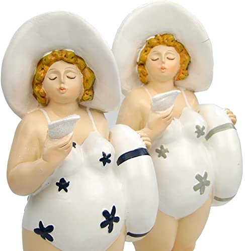 osters muschel-sammler-shop 2er Set Retro Badenixe stehend mit Badeanzug und Rettungsring in blau/Weiss und grau/Weiss │ mollige Frau │ Rubensdame │Höhe 26cm│