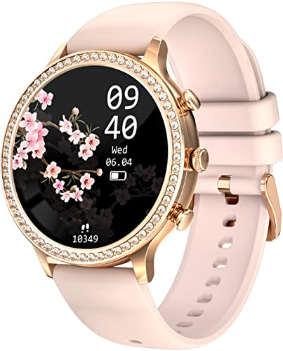 Fitnessuhr Damen Rund,1.32 Zoll Smartwatch Damen mit Telefonfunktion Diamanten Sportuhr mit Blutdruckmessung Schlafüberwachung Pulsuhr Schrittzähler Uhr Damen Fitness Tracker für iOS und Android