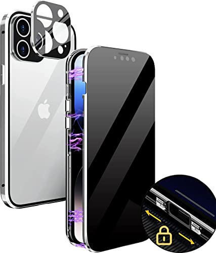 MIMGOAL Hülle für iPhone 13 Pro Max Anti Spy Magnetisch Silber | Sichtschutz Bis 25 Grad, Gehärtetes Glas Vorne Und Hinten, Magnetischer Metallrahmen, Integrierter Kameraschutz