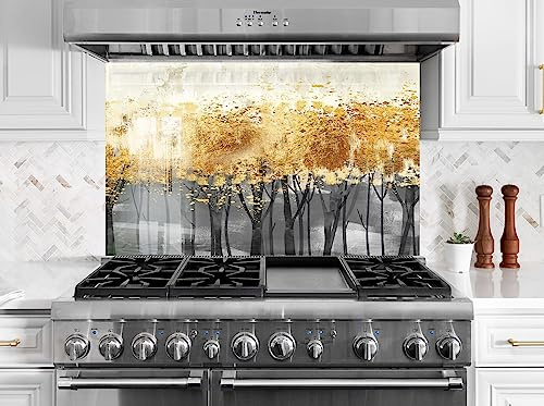 Myphotostation.com 47Wx19H''Tempered Glass Backsplash Design Cooker Wall Backsplash Panel Glass Splashback for Kitchen Panel Golden Tree Splashback Gold Backsplash