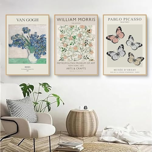 Herfair Matisse Poster 3er Set, Blumen Schmetterling Leinwand Bilder Wohnzimmer, Wandbilder Vintage Aesthetic Kunstdrucke, Ohne Rahmen Wanddeko Kunstposter für Schlafzimmer (50 x 70 cm)