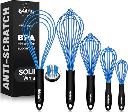Eddeas Schneebesen, silikonbeschichtete Draht-Schneebesen, 5er-Set, blauer flacher Schneebesen 27,9 cm und 14 + 19,1 + 22,9 + 27,9 cm, blaue Ballon-Schneebesen zum Mischen, Schlagen und Rühren.
