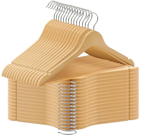 ABHENG Juego de 30 Percha de Madera Maciza, Muescas en Hombros, Robusta y Brillante Percha, Gancho Giratorio 360°, Barra Antideslizante para Pantalones, 44,5 x 1,2 x 23 cm (L x B x H),Natural,AWY0330N