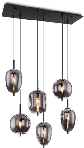bmf-versand® Rauchglas Hängelampe Esstisch 6-Flammig aus Glas - Moderne Pendelleuchte Schwarz als Wohnzimmerlampe Schlafzimmerlampe hängend - Hängeleuchte Deckenleuchte Flur Esszimmerlampe