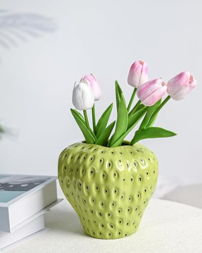 DN DECONATION Vase Fraise, vase en céramique pour fleurs Lego, joli vase décoratif, pour fêtes, décoration d’intérieur, Vert