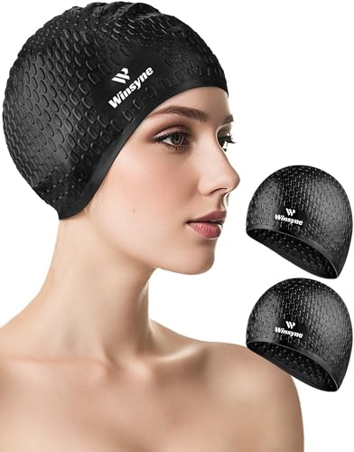 2 Pack Unisex Silicone Swim Cap for Women Men, Large Size Swimming Caps for Long Hair/Braids to Keep Hair Dry, Waterproof Bathing Caps for Swimming with Ear Plugs & Nose Clip Set(Black&Black)