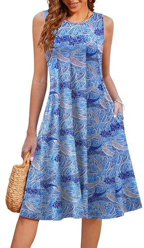 Hotouch Damsommarklänningar lätt vikbar midiklänning boho sommar strandklänningar rund hals elegant blusklänning ärmlös fritidsklänning med fickor mönster 166 M, Mönster 166, M