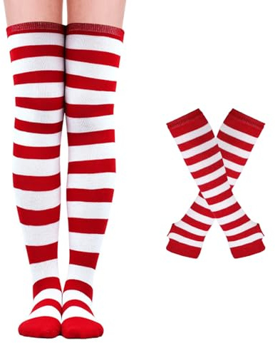 Mayoii Chaussettes Hautes Femme et Gants Sans Doigts, Chaussettes Montantes Femme et Filles, Chauffe-bras et Jambières, Chaussettes Longues Rayées, Accessoires d'Halloween et de Noël