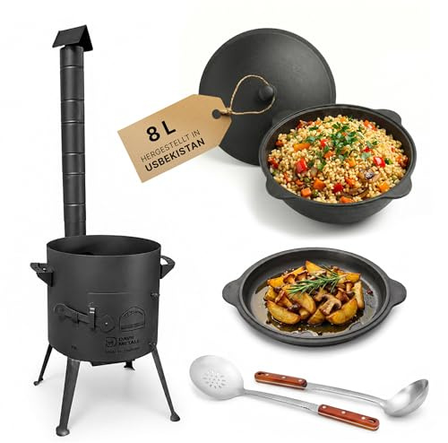 Utschak Ø36cm 2mm Stahl Feuerofen mit Abzugsrohr Aschekasten Gusseisen Kazan 8L Set Outdoor Küche Campingofen Feldküche Dutch Oven BBQ Lagerfeuer Eintopfofen mit Schaumkelle Suppenkelle Schöpflöffel