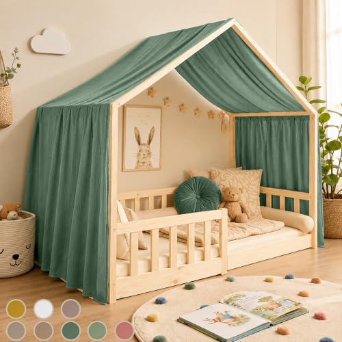 Hook Hausbett Himmel Deko Set, Betthimmel Hausbett aus Musselin - 1 Betthimmel & 1 Wimpelkette, für Jungen Mädchen Deko für Kinderzimmer, Baldachin Kinderzimmer Deko I 135 x 360cm Eukalyptus