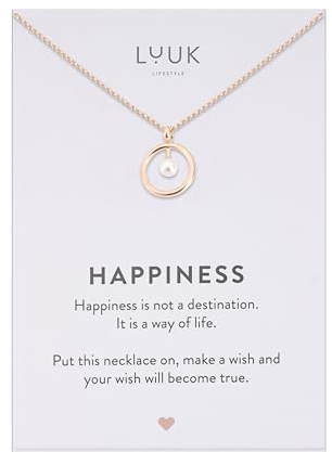 LUUK LIFESTYLE Collana con ciondolo Anello & Perla e acciaio inossidabile (50 cm), con carta HAPPINESS, portafortuna, gioielli elegante, idea regali donna, lei, compleanno, oro rosa