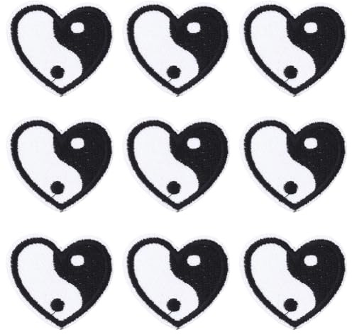 CABODYALS 10 Stück 30 x 34mm Schwarz Weiße Yin Yang Flicken Zum Aufbügeln Mini Herz Aufnäher Tai Bestickte Reparatur Applikation Großpackung Zum Nähen Herstellen von Kleidung Hemden Valentinstag Rucks